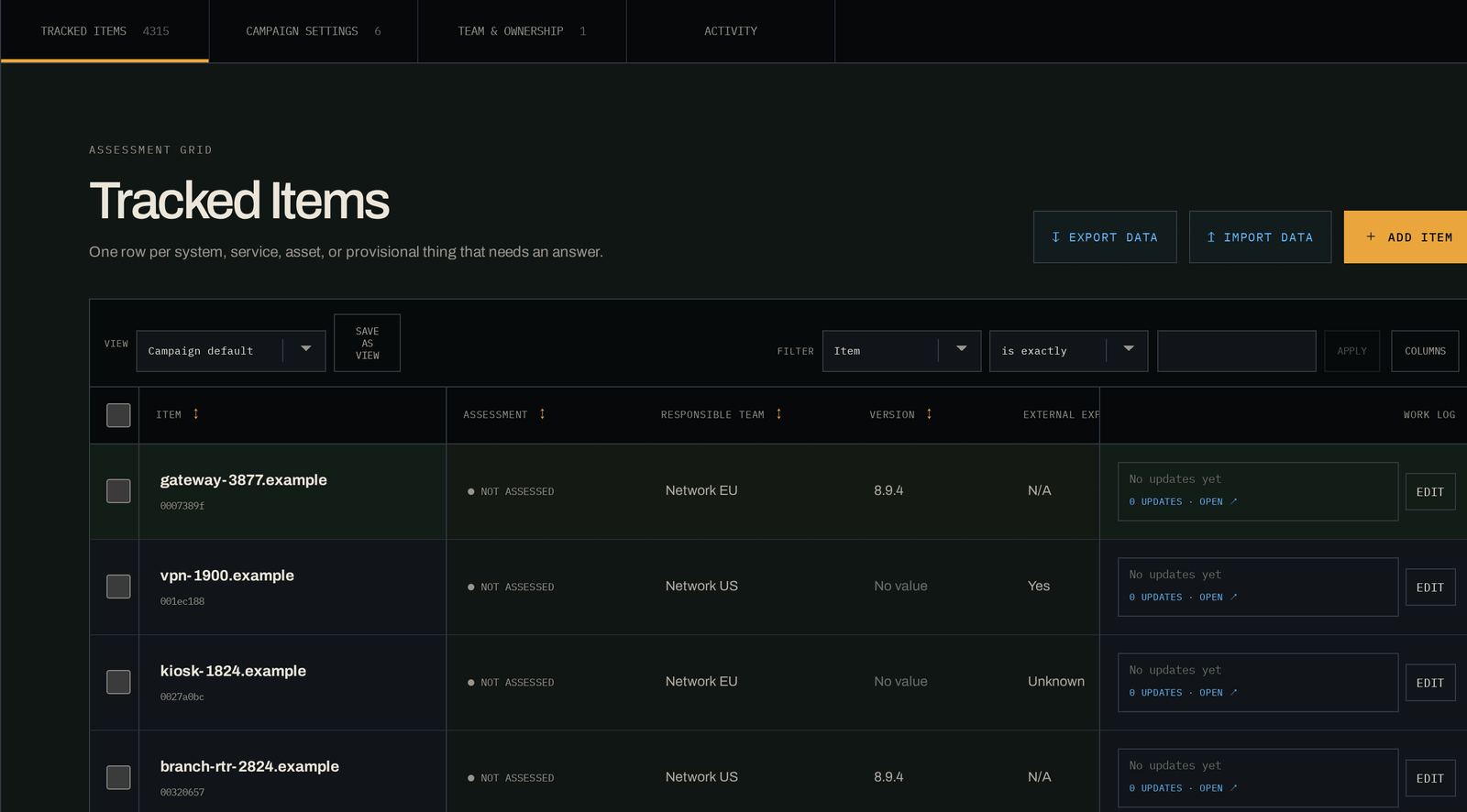 The Tracked Items tab of the same Campaign showing a count of 4,315 items. A view selector reads Campaign default, with controls to save a view, filter, and choose columns. Rows show item name, assessment state, responsible team, version, external exposure and an inline work log cell.